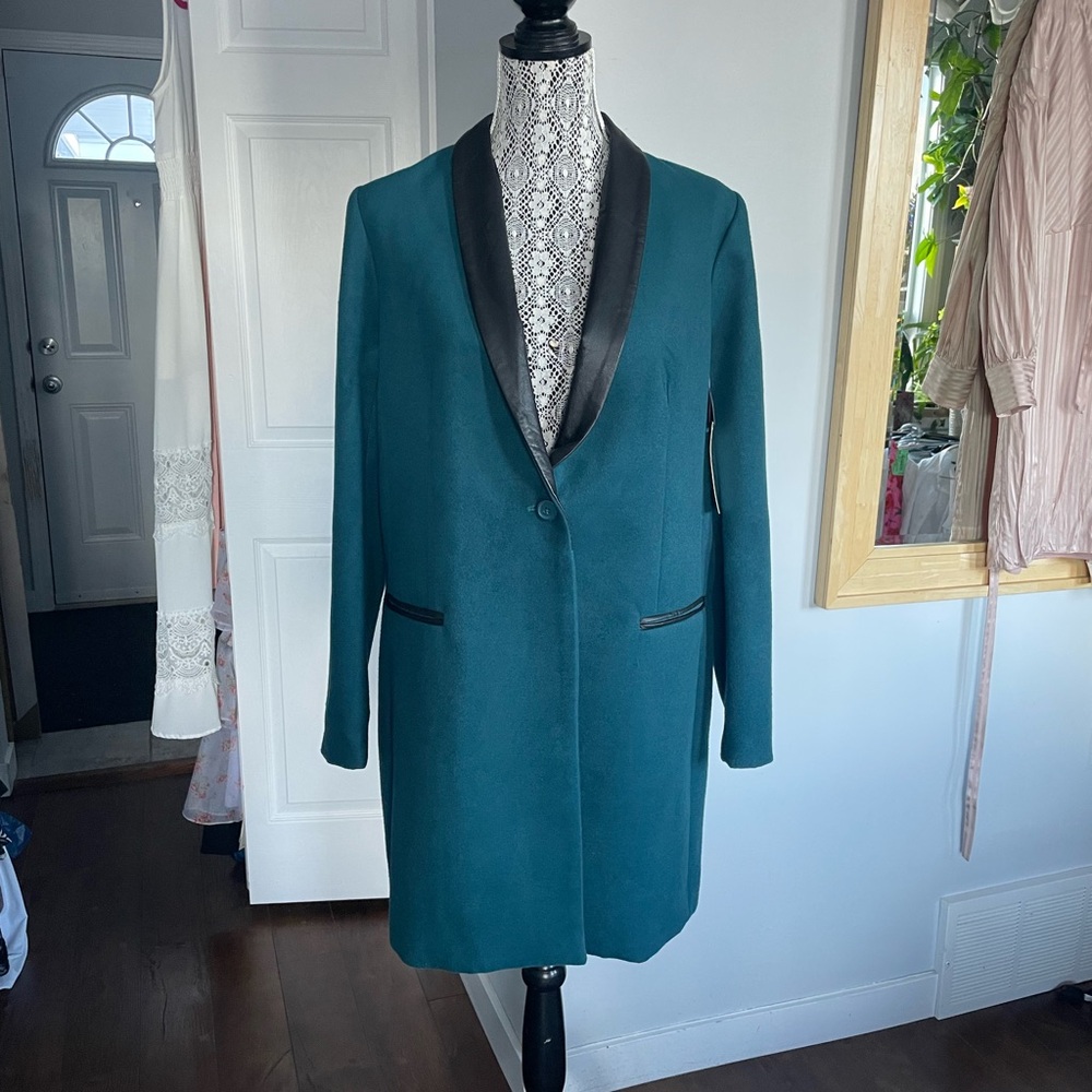 NWT BB Dakota Teal Coat Blazer Jacket With Real Leather Trim. Large. - Picture 3 of 10